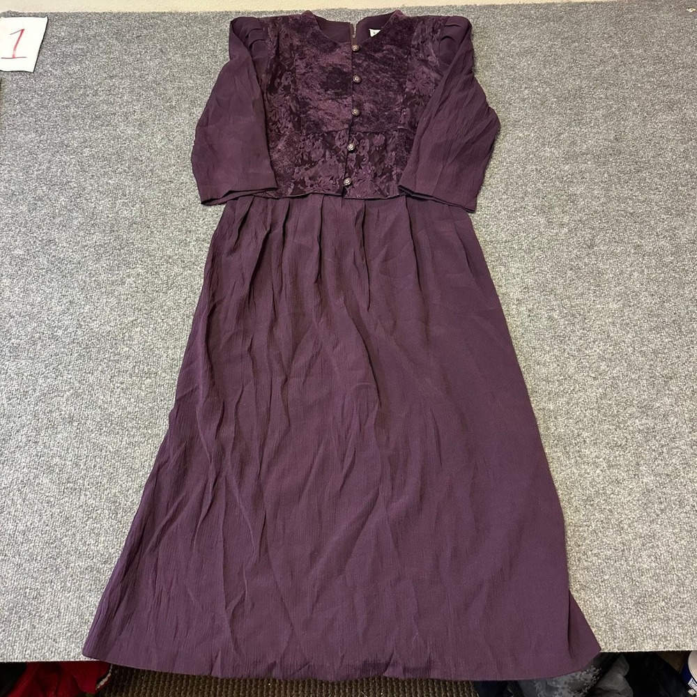 Miss Dorby Dress Womens Size 10P Purple Lace Bodice Crinkle Maxi Vintage Petites